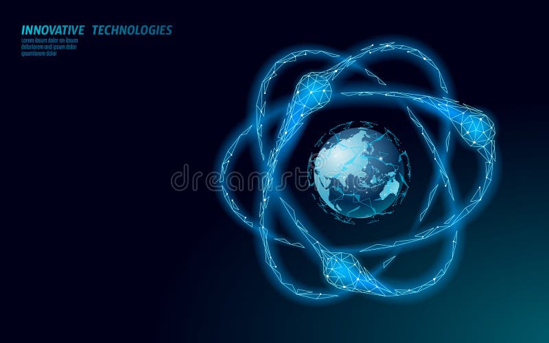 Atom particle sigh on world map. Nuclear military weapons global danger. Atonic power defence country security. Nuke arm royalty free illustration