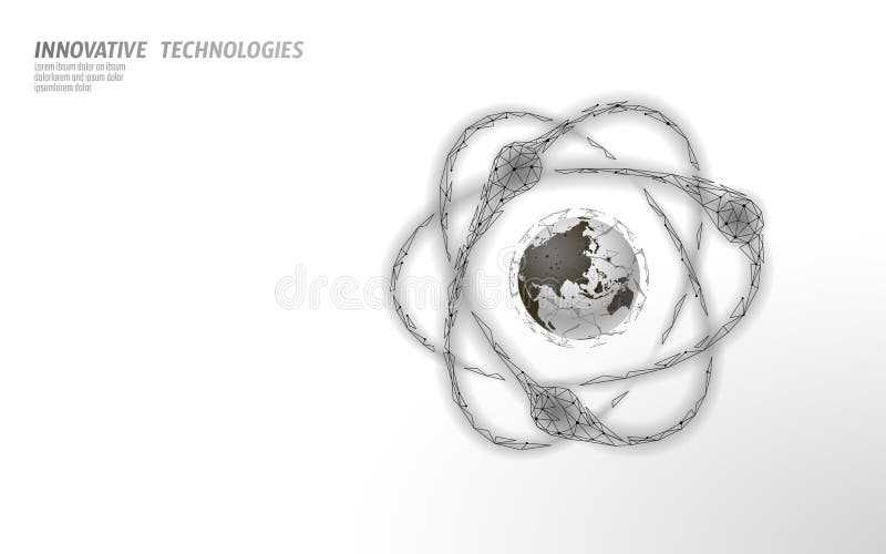 Atom particle sigh on world map. Nuclear military weapons global danger. Atonic power defence country security. Nuke arm royalty free illustration