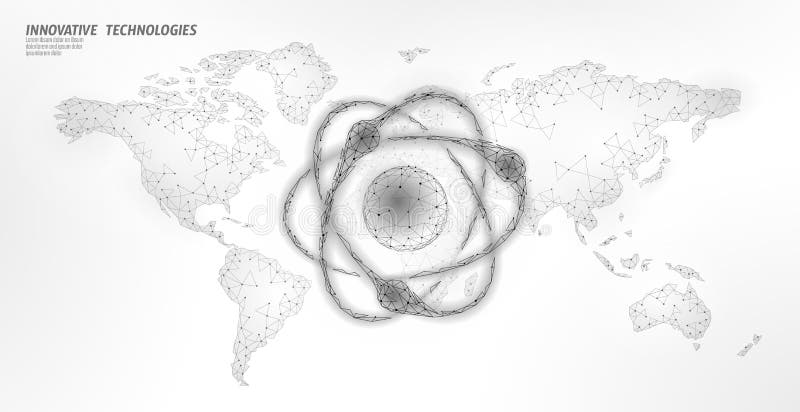 Atom particle sigh on world map. Nuclear military weapons global danger. Atonic power defence country security. Nuke arm stock illustration
