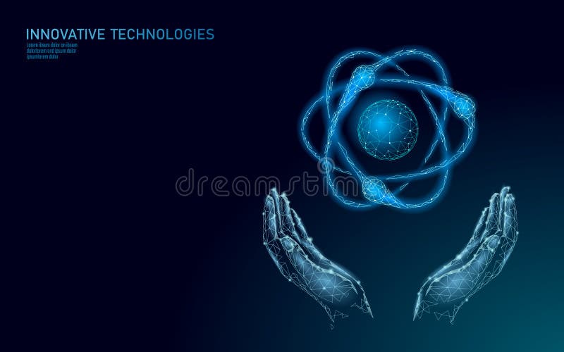 Atom particle sign in hands world map. Nuclear military weapons global danger. Atomic power defence country security vector illustration