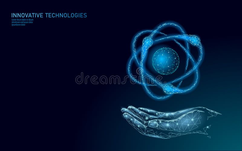 Atom particle sign in hands world map. Nuclear military weapons global danger. Atomic power defence country security stock illustration