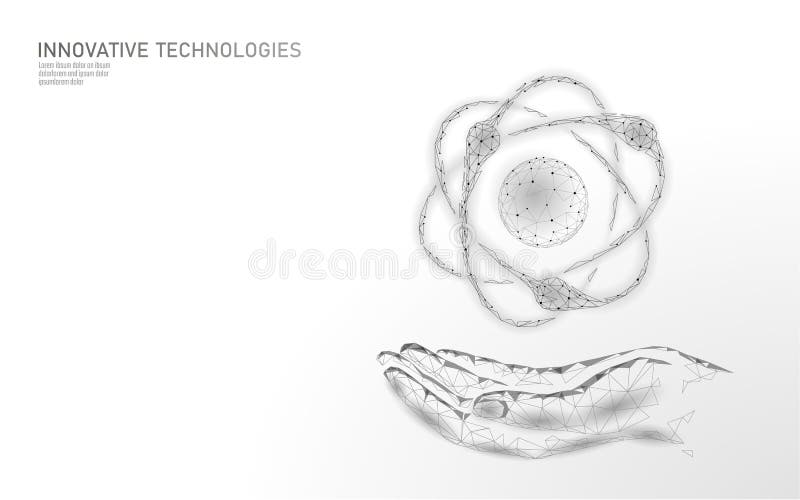 Atom particle sign in hands world map. Nuclear military weapons global danger. Atomic power defence country security royalty free illustration