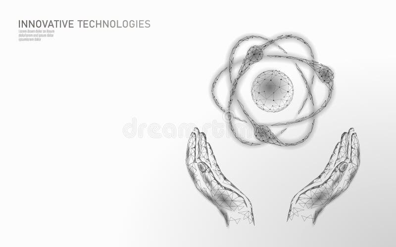 Atom particle sign in hands world map. Nuclear military weapons global danger. Atomic power defence country security royalty free illustration