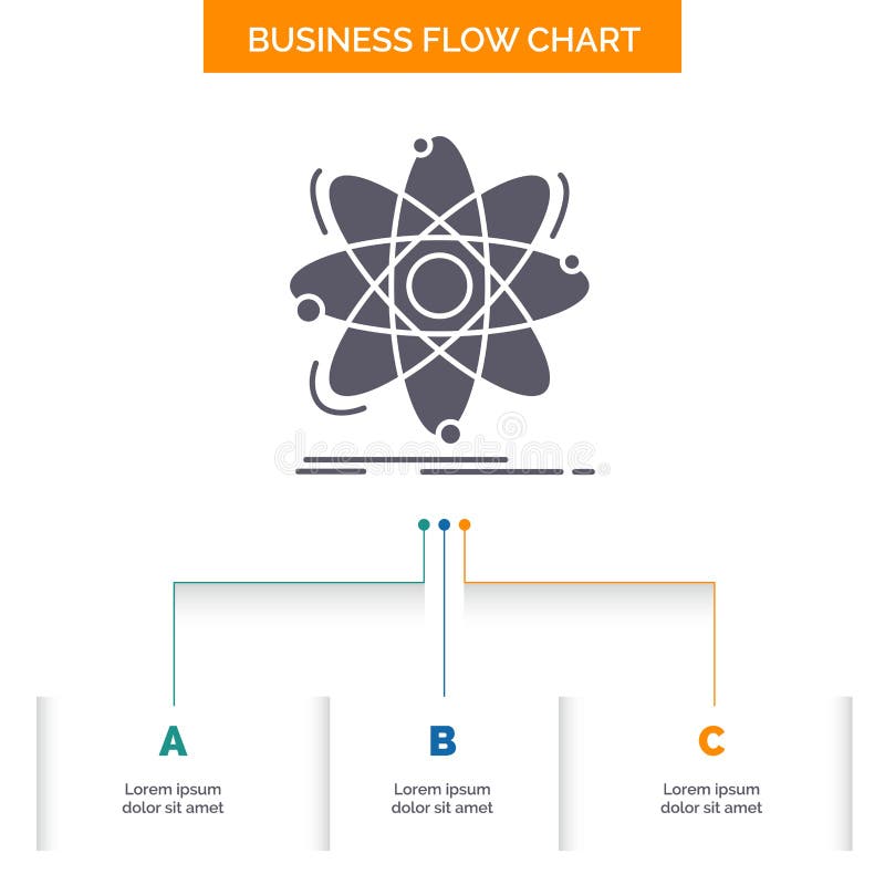 Atom, science, chemistry, Physics, nuclear Business Flow Chart Design with 3 Steps. Glyph Icon For Presentation Background royalty free illustration