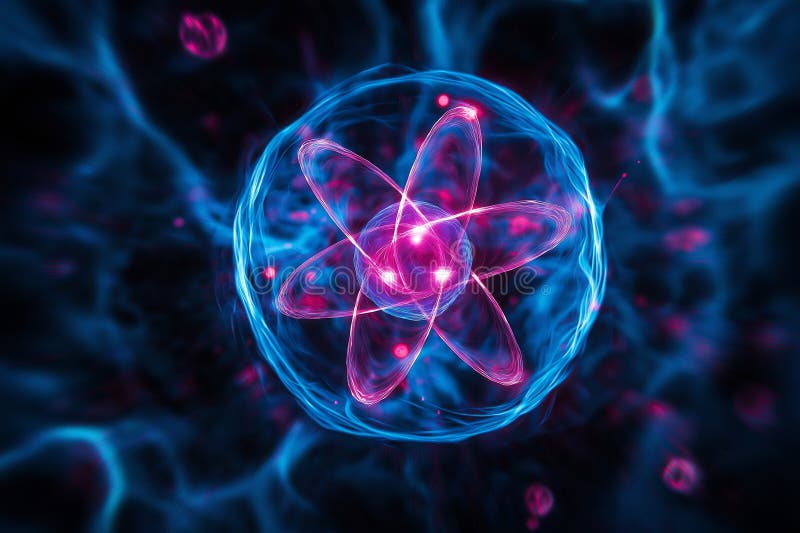 Atome avec électrons rotatifs énergie et fond de concept matière. Image brillante de l'atome avec électrons rotatifs énergie et fond de concept de matière. ai générée
