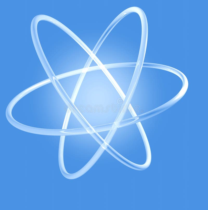 Glowing atom - abstract 3d render of an atom, with a glowing center and silvery orbitals on a soft blue background. Glowing atom - abstract 3d render of an atom, with a glowing center and silvery orbitals on a soft blue background