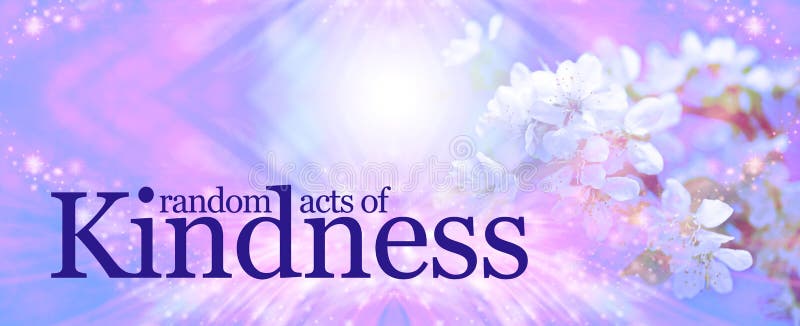 A pink and blue sparkly diamond shaped background with faded tree blossom and the words RANDOM ACTS OF KINDNESS with copy space above. A pink and blue sparkly diamond shaped background with faded tree blossom and the words RANDOM ACTS OF KINDNESS with copy space above