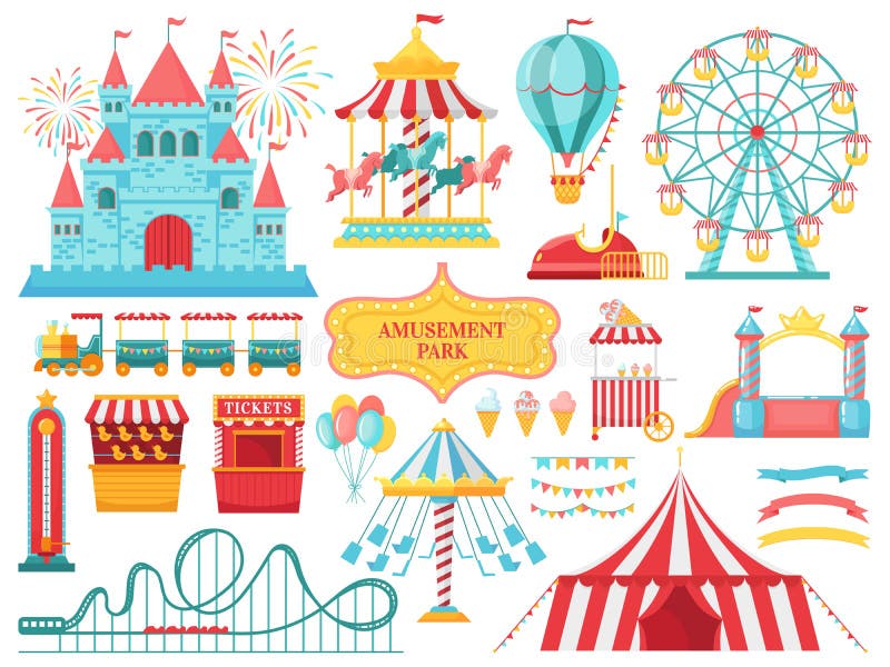 Atracciones del parque de atracciones Niños carrusel del carnaval, atracción de la noria y vector de diversión de los entretenimi stock de ilustración Atracciones del parque de atracciones Niños carrusel del carnaval, atracción de la noria y vector de diversión de los entretenimi stock de ilustración