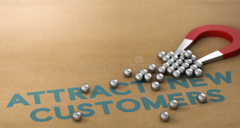 3D illustration. Slogan attract new customers written on paper background with horseshoe magnet attracting spheres. 3D illustration. Slogan attract new customers written on paper background with horseshoe magnet attracting spheres