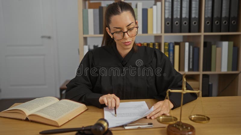 Atrakcyjna hispanic brunette kobieta sędzia czytanie dokumentów w sali sądowej z rękami sędziowskimi i książkami prawniczymi fotografia stock