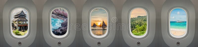 Atrações do jato de filipinas que podem ser vistas através da janela do avião. a abertura do turismo a