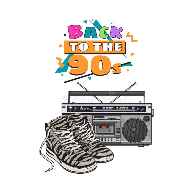 Pair of zebra sneakers and audio tape recorder, boom box from 90s, retro icons, sketch vector illustration isolated on white background. Retro style sneakers and tape recorder from nineties. Pair of zebra sneakers and audio tape recorder, boom box from 90s, retro icons, sketch vector illustration isolated on white background. Retro style sneakers and tape recorder from nineties