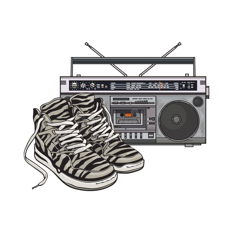 Pair of zebra sneakers and audio tape recorder, boom box from 90s, retro icons, sketch vector illustration isolated on white background. Retro style sneakers and tape recorder from nineties. Pair of zebra sneakers and audio tape recorder, boom box from 90s, retro icons, sketch vector illustration isolated on white background. Retro style sneakers and tape recorder from nineties