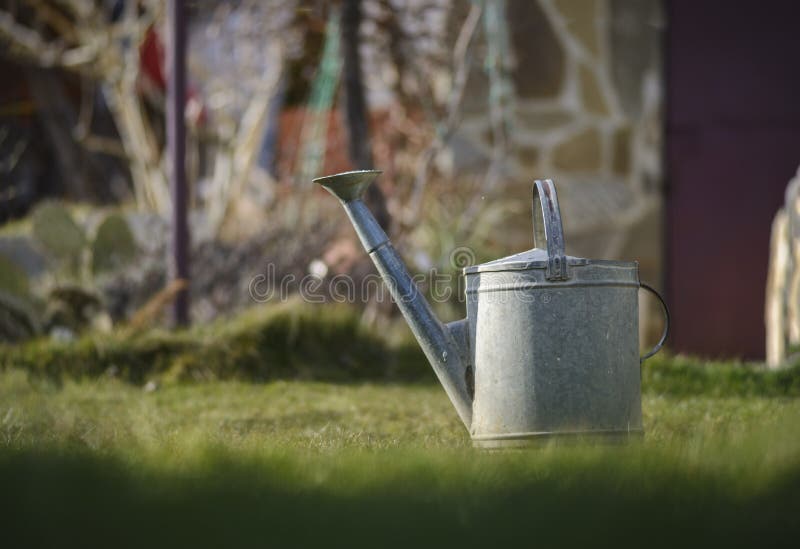 Att bevattna kan i en trädgård mot oskarp bakgrund fotografering för bildbyråer Att bevattna kan i en trädgård mot oskarp bakgrund fotografering för bildbyråer