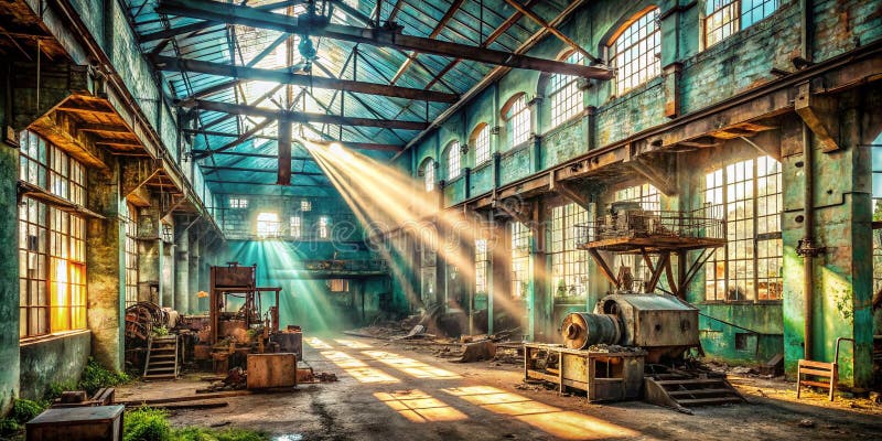 Att utforska en Glimpse från 1950-talet i en övergiven Factorys Majestic Decutay Inor Capturing the Eras. Tillbaka i tiden in i hjärtat av ett bortglömt industriellt kraftverk. Denna fängslande bild avslöjar insidan av en övergiven fabrik som frystes i mitten av 1900-talet. Dammmotorer som dansar i den enda axeln av ljus som pierger den ljusreflekterande invecklade maskinen och skelettkonstruktioner. Rustbelagda metallbalkar som en gång var livskraftiga produktionsartärer står nu som tysta sändare som ekar