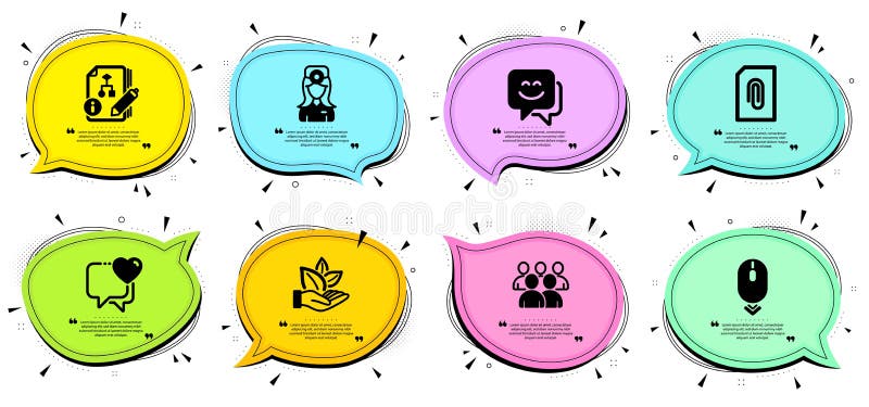 Smile face, Scroll down and Heart icons set. Attachment, Group and Organic product signs. Vector royalty free illustration