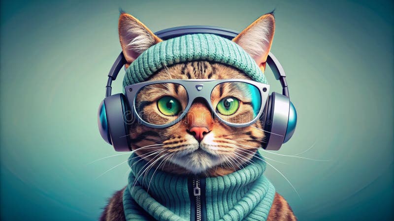 Atteggiabile Gatto in realtà virtuale Un panettino divertente e futuristico che sperimenta una tecnologia immensa con cuffie e cuf illustrazione vettoriale