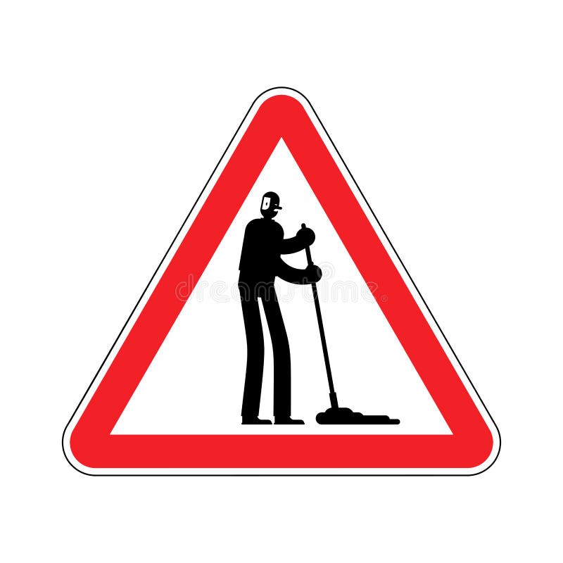 Attention cleaner. Caution janitor. Red triangle road sign vector illustration