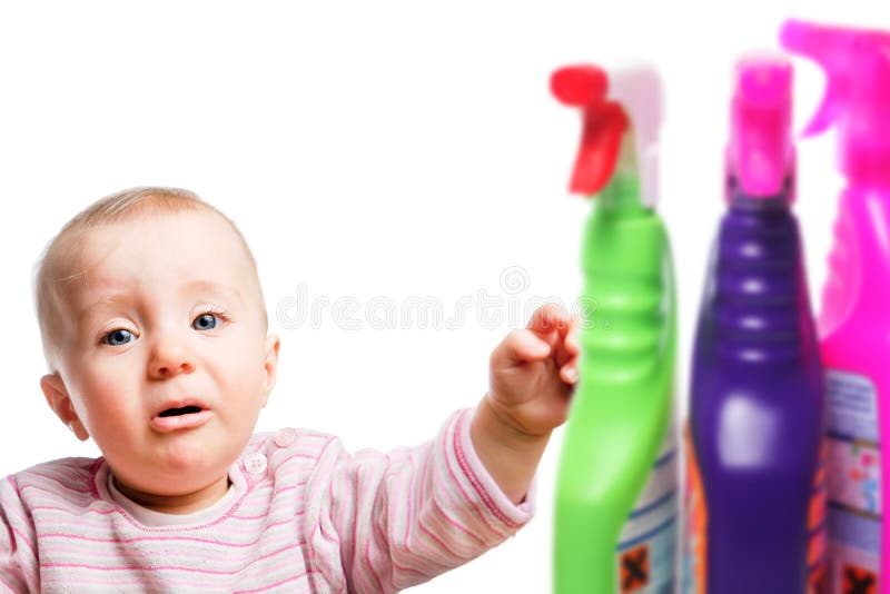 Attention: Infant wants to play with cleaner stock photo Attention: Infant wants to play with cleaner stock photo