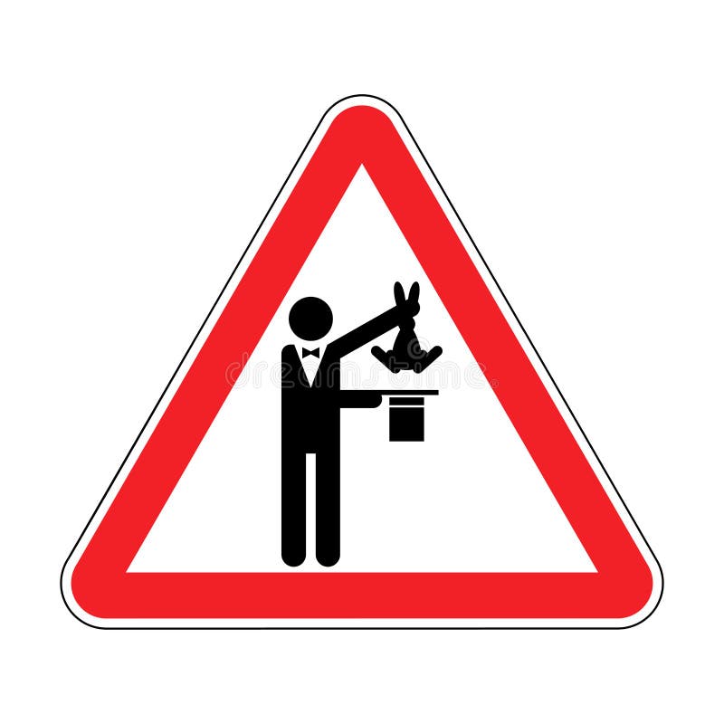 Attention Magic trick. Caution Magician Hat and hare. Red triangle road sign stock illustration