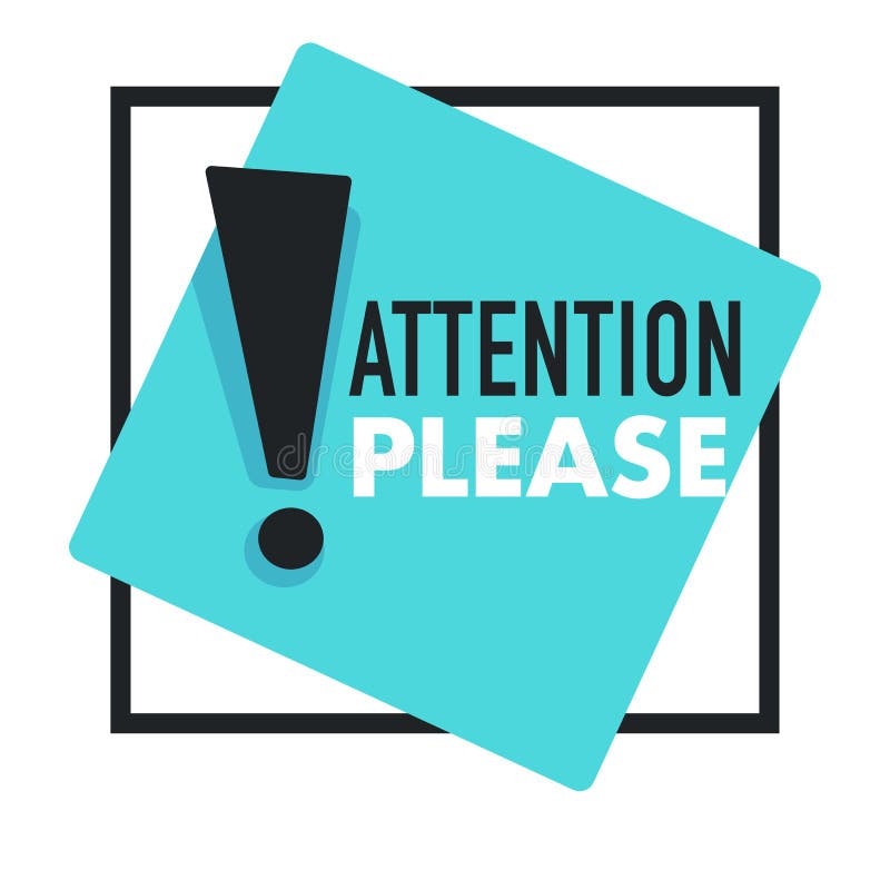 Attention please with exclamation point promo notice sign in blue