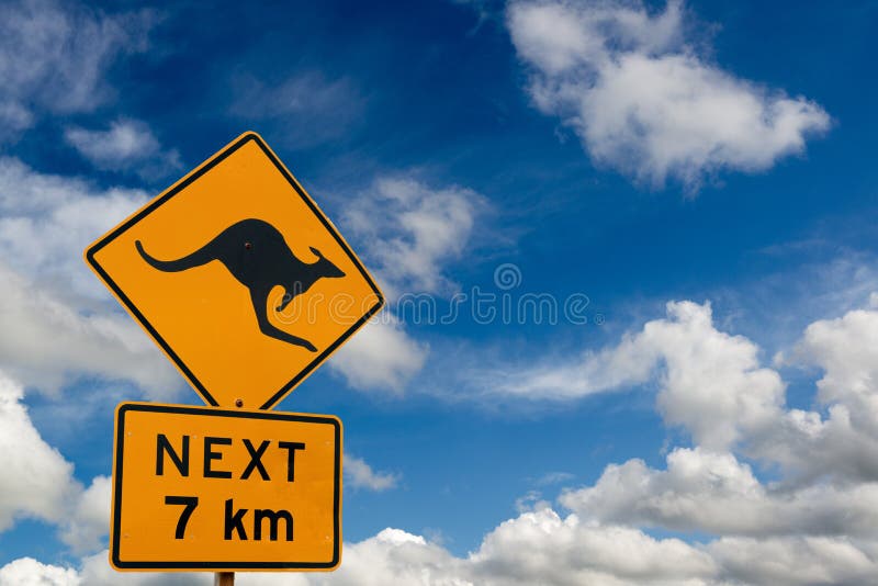 Attention kangaroo sign, traffic warning sign in Australia