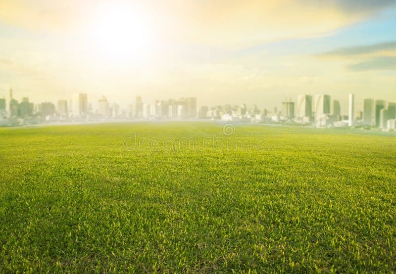 Atterri l'ampio campo di erba verde dello scape e la costruzione moderna della s urbana fotografia stock libera da diritti Atterri l'ampio campo di erba verde dello scape e la costruzione moderna della s urbana fotografia stock libera da diritti