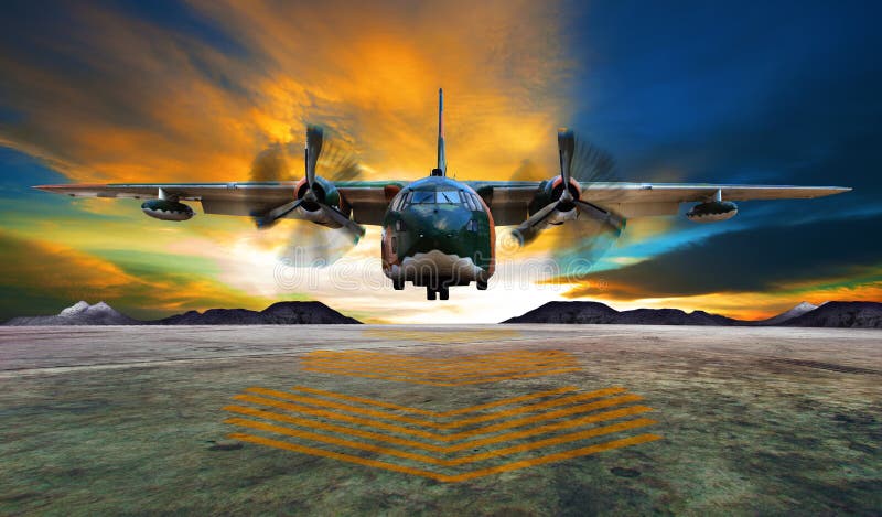 Atterrissage plat militaire sur des pistes d'armée de l'air contre le beau dus