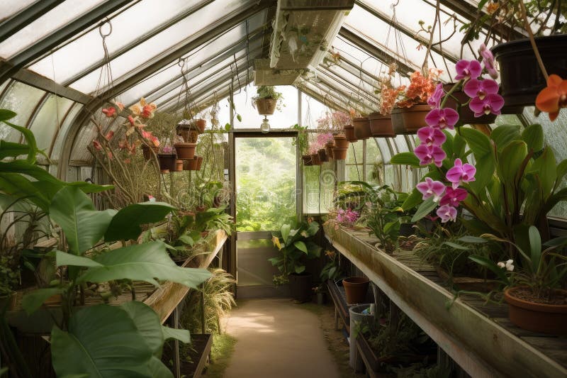 Attic Greenhouse with Hanging Plants and Orchids Stock Illustration