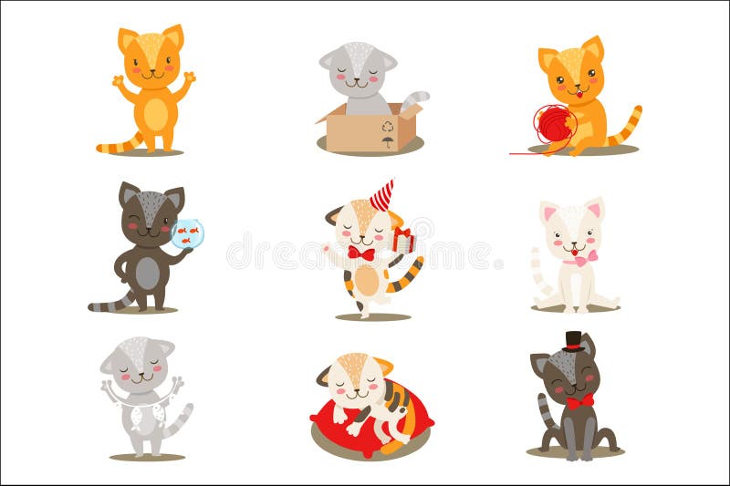 Attivit? differenti e situazioni dei piccoli personaggi dei cartoni animati svegli Girly dei gattini fissate delle illustrazioni royalty illustrazione gratis Attivit? differenti e situazioni dei piccoli personaggi dei cartoni animati svegli Girly dei gattini fissate delle illustrazioni royalty illustrazione gratis