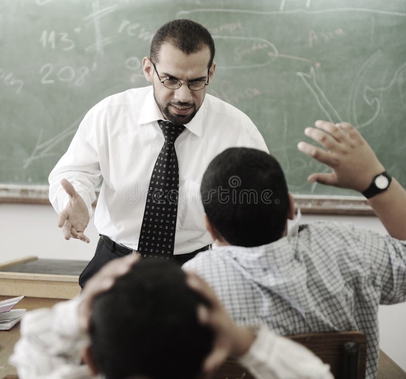 Education activities in classroom, teacher yelling at pupil. Education activities in classroom, teacher yelling at pupil