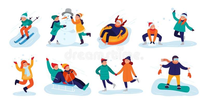 Attività dei bambini di inverno Giochi della neve, bambine sorridenti e ragazzi nell'illustrazione di vettore di aria aperta di d