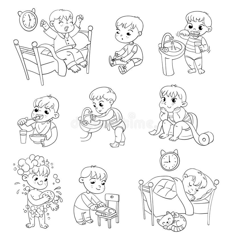 Attività sistematiche quotidiane del bambino del fumetto fissate illustrazione di stock Attività sistematiche quotidiane del bambino del fumetto fissate illustrazione di stock