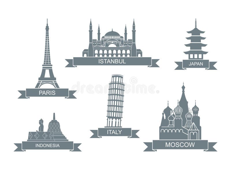 Attractions architecturales du monde Ic?nes plates stylis?es Points de repère à Paris, Istanbul, Japon, Italie, Russie, Indonésie illustration de vecteur Attractions architecturales du monde Ic?nes plates stylis?es Points de repère à Paris, Istanbul, Japon, Italie, Russie, Indonésie illustration de vecteur