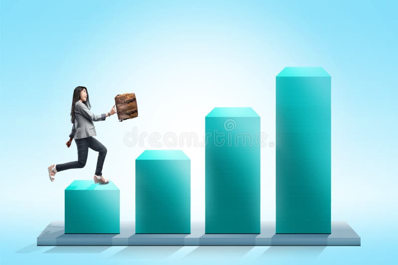 Attractive asian businesswoman with briefcase walking on the 3D chart stock illustration Attractive asian businesswoman with briefcase walking on the 3D chart stock illustration