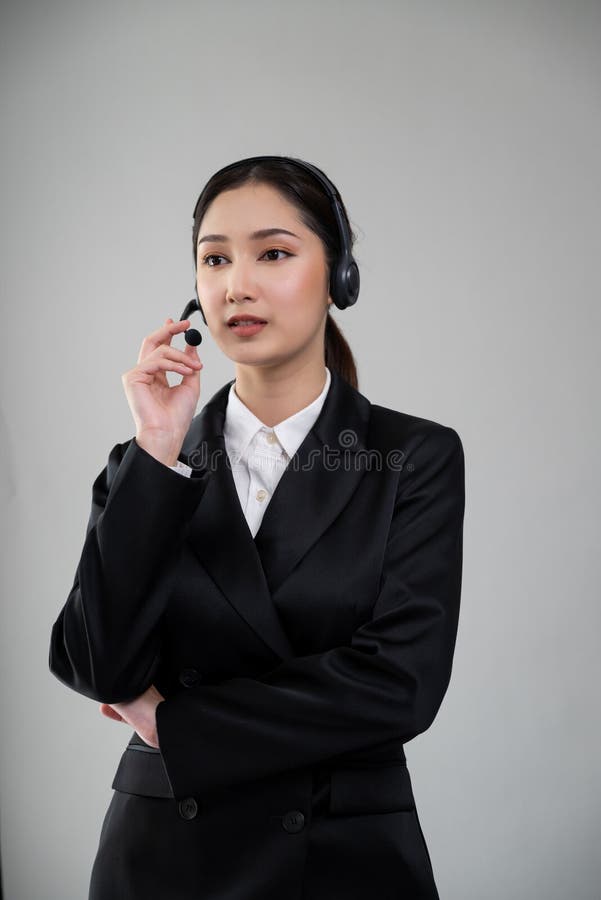 Attractive Asian operator with formal suit and headset. Enthusiastic royalty free stock photography