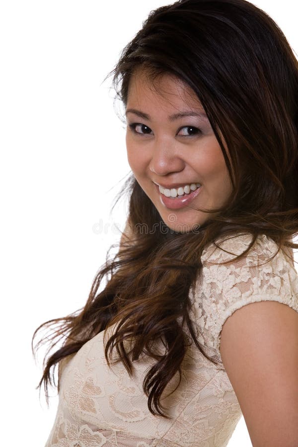 Close up of face of a beautiful brunette Asian woman with long hair over white. Close up of face of a beautiful brunette Asian woman with long hair over white