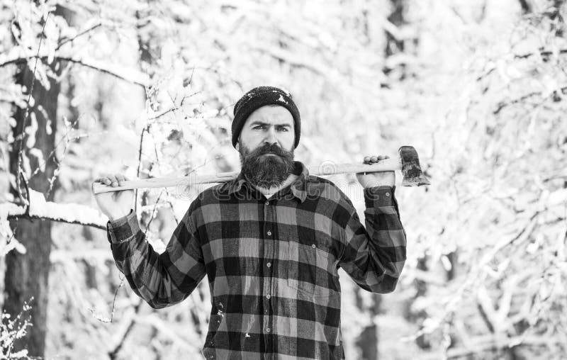 Attractive bearded man outdoors in winter. A man in a winter forest. A woodman working in the forest. Man inspecting