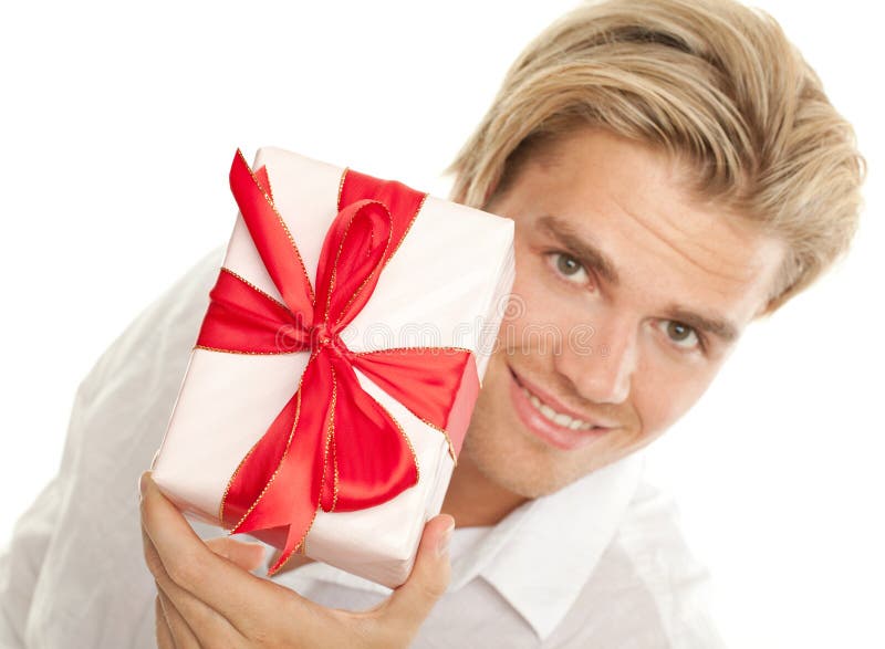 Attractive blond man with gift