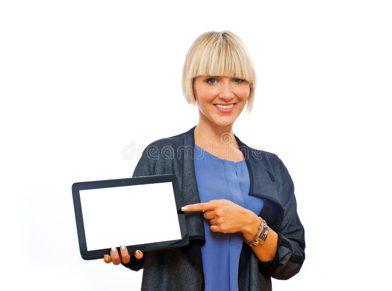 Attractive blond woman holding tablet