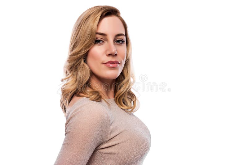 Attractive blond young woman. Portrait of a beautiful woman on a white background.