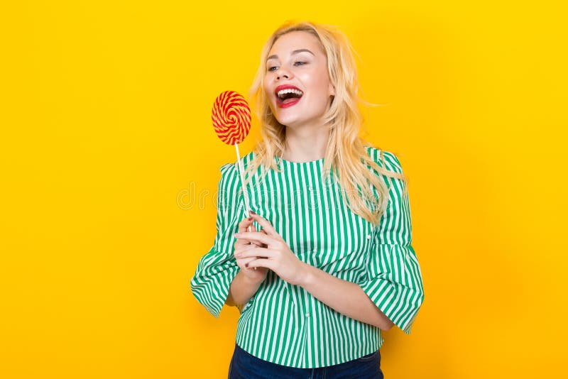 Attractive Blonde Woman Holding Colorful Lollipop Stock Image Image