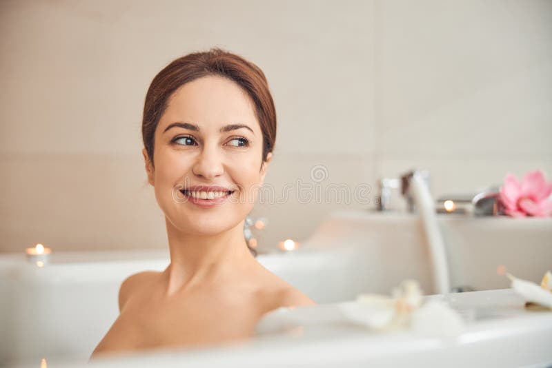 Attractive Brunette Female Enjoying Taking Bath With Flowers Stock Image Image Of Atmosphere