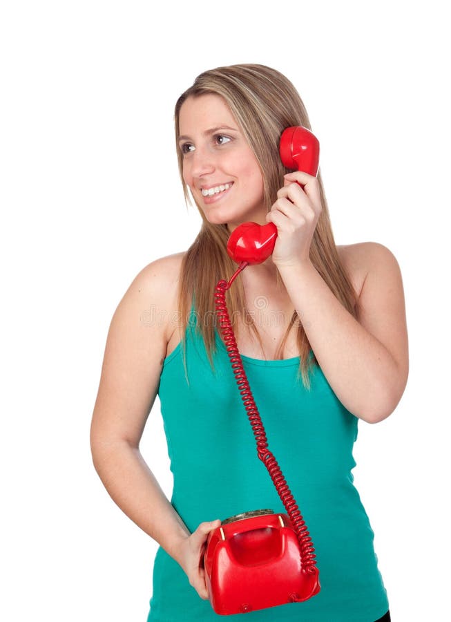 Attractive brunette girl calling with red phone
