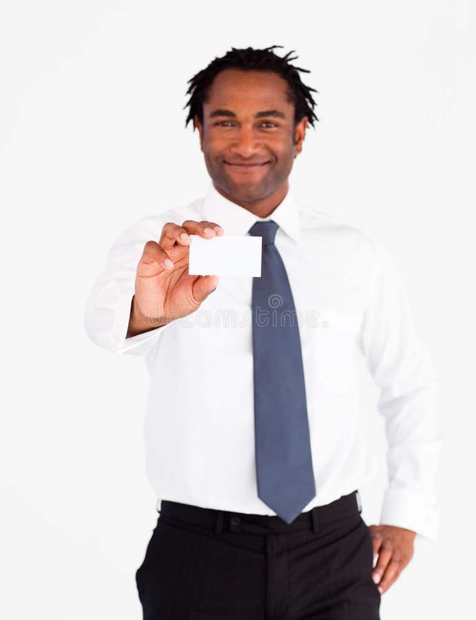 Attractive businessman showing white card