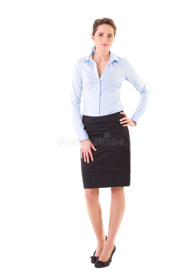 Attractive businesswoman in blue shirt and skirt