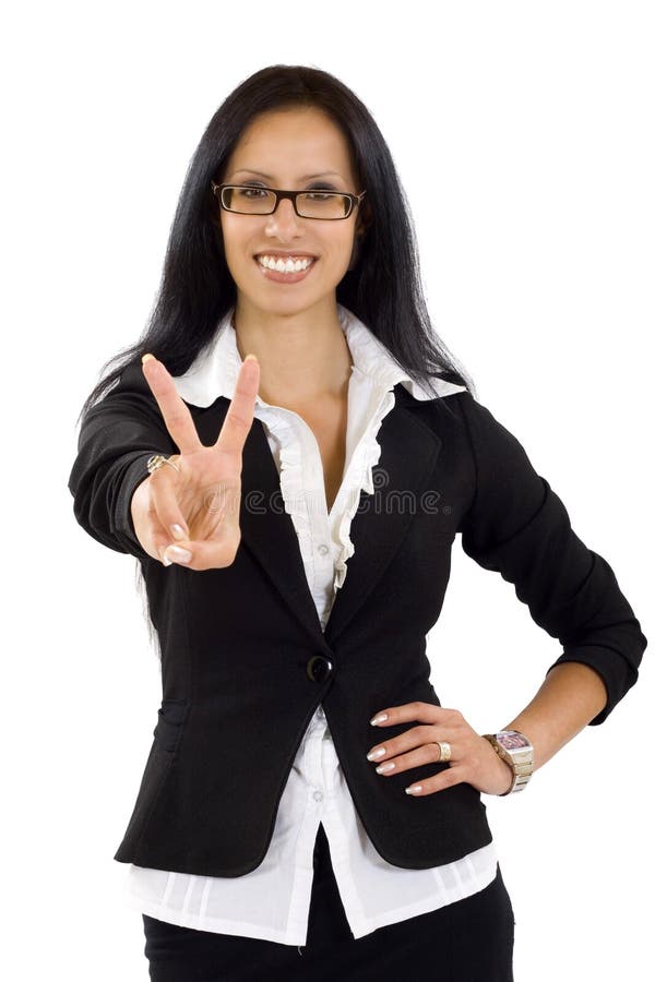 Attractive businesswoman victory sign