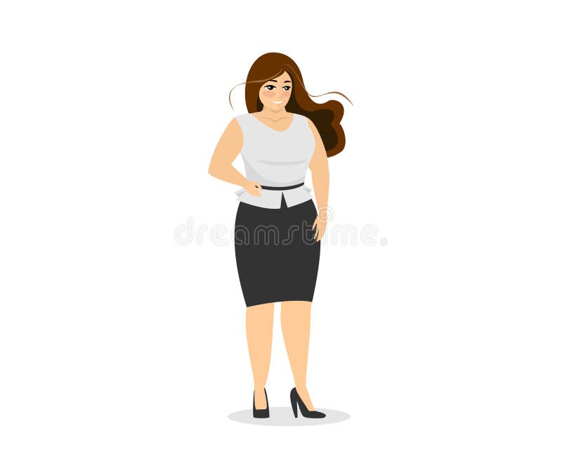 Plus size woman poses vector illustration set. Cartoon cute fat