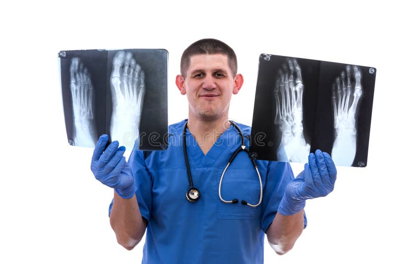 Attractive Doctor Holding an Foot Xray. Examining Xray Stock Photo