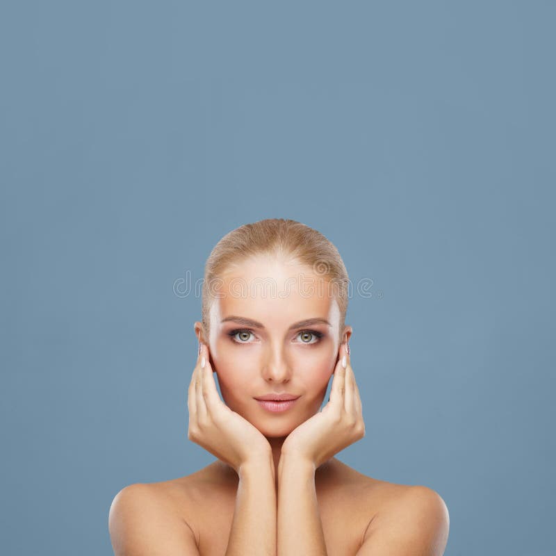 Attractive face of beautiful girl. Close-up portrait of healthy woman. Skin care, cosmetics, makeup, complexion and face stock images Attractive face of beautiful girl. Close-up portrait of healthy woman. Skin care, cosmetics, makeup, complexion and face stock images